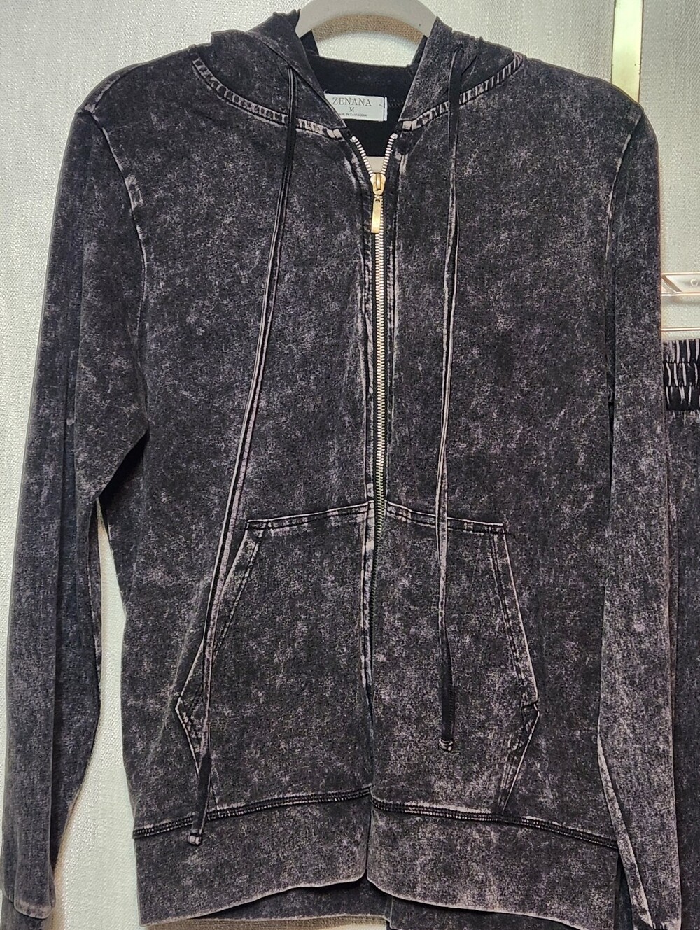 Zenana Outfitters Mineral Wash Black Full Zip Hoodie Pockets Matching Leggings M - Picture 7 of 12